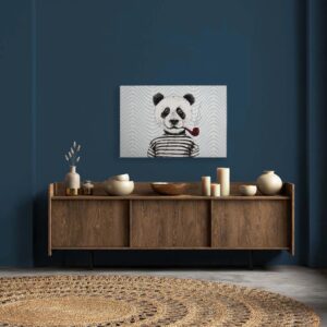 Bricoflor Maritimes Wandbild Panda Mit Pfeife Wohnzimmer Und Kinderzimmer Leinwandbild Mit Pandabär Auf Zickzack Muster 120 X 80