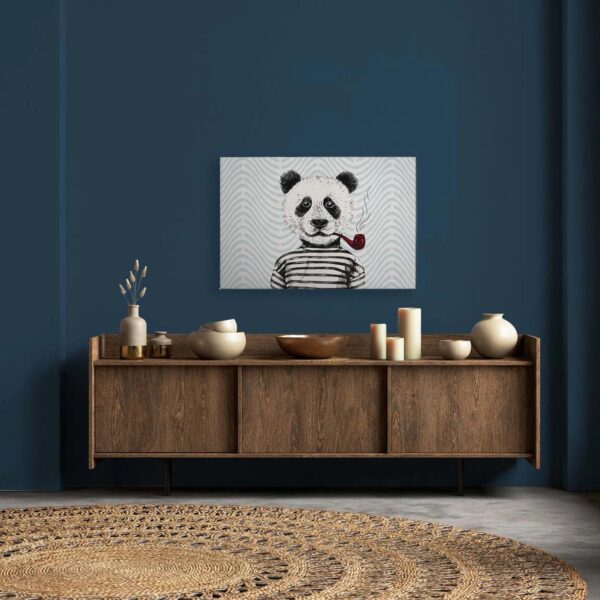 Bricoflor Maritimes Wandbild Panda Mit Pfeife Wohnzimmer Und Kinderzimmer Leinwandbild Mit Pandabär Auf Zickzack Muster 120 X 80