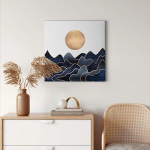 Bricoflor Mid Century Wandbild Modernes Leinwand Bild Mit Meer Und Sonne Kunstdruck Leinwandbild In Blau Und Gold Für Wohnzimmer Und Schlafzimmer