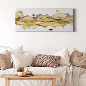 Bricoflor Modernes Bild Mit Berglandschaft Grafik Leinwand Bild In Gold Und Weiß Ausgefallenes Wandbild Mit Landschaft Mit Fluss Und Baum