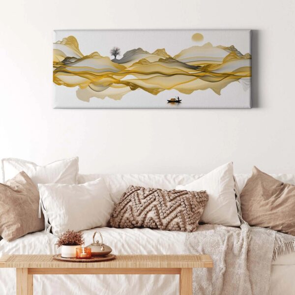 Bricoflor Modernes Bild Mit Berglandschaft Grafik Leinwand Bild In Gold Und Weiß Ausgefallenes Wandbild Mit Landschaft Mit Fluss Und Baum