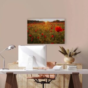Bricoflor Mohnblumen Bild Auf Leinwand In Sonnenuntergang Wandbild Mit Blumenwiese Für Schlafzimmer Und Küche 90 X 60 Cm