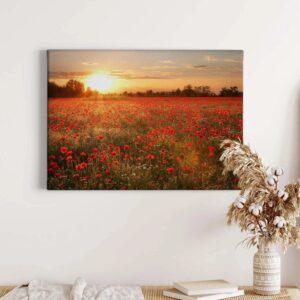 Bricoflor Mohnblumen Bild Auf Leinwand Mit Sonnenuntergang Wandbild Mit Blumenwiese Im Sommer Ideal Für Schlafzimmer Und Wohnzimmer Blumen Bild In Rot