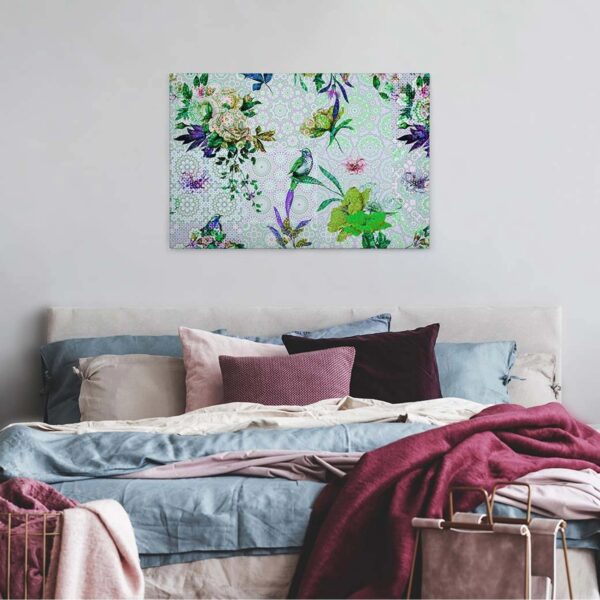 Bricoflor Mosaik Bild Auf Leinwand Ausgefallenes Wandbild Mit Vögeln Und Blumen Grünes Leinwandbild Mit Grafik Design Ideal Für Schlafzimmer