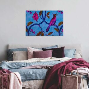 Bricoflor Neon Wandbild Mit Vogel Buntes Leinwand Bild Mit Paradiesvogel Und Blättern Schlafzimmer Und Wohnzimmer Leinwandbild In Blau Und Pink