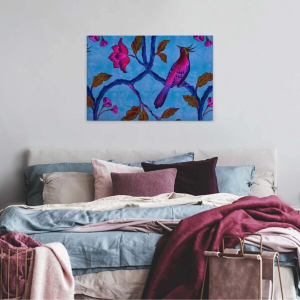 Bricoflor Neon Wandbild Mit Vogel Buntes Leinwand Bild Mit Paradiesvogel Und Blättern Schlafzimmer Und Wohnzimmer Leinwandbild In Blau Und Pink