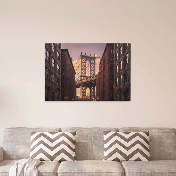 Bricoflor New York Leinwand Braun Und Lila Wandbild Mit Sonnenuntergang An Brooklyn Bridge Keilrahmen Bild Mit Brücke Ideal Für Schlafzimmer Und Küche
