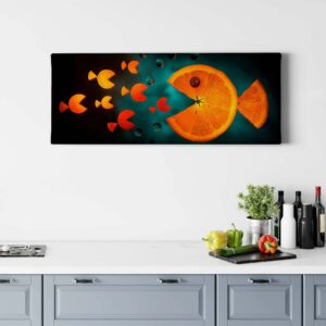 Bricoflor Pacman Bild Für Küche Leinwand Bild Mit Orange Als Fisch In Türkis Und Orange Ausgefallenes Küchenbild Als Wand Deko Im Querformat