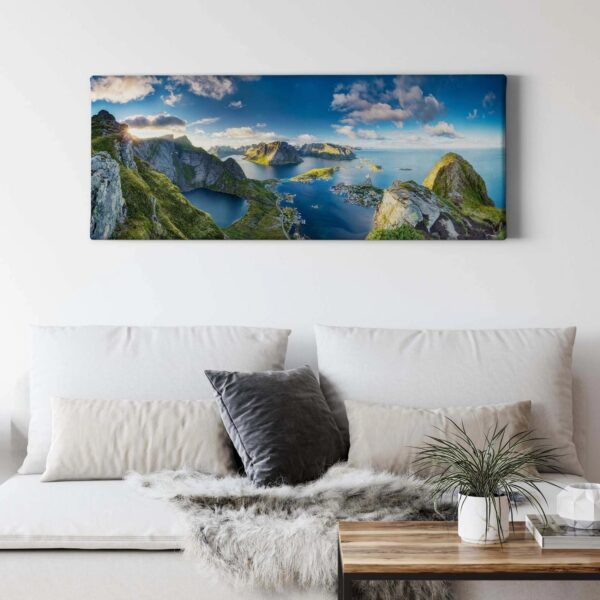Bricoflor Panorama Bild Mit Berglandschaft Wandbild Mit Meer Motiv In Blau Und Grün Feld Landschaft Auf Leinwand Ideal Für Schlafzimmer Und Flur