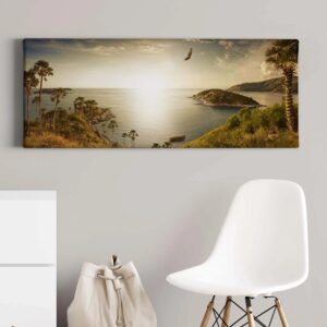 Bricoflor Panorama Bild Mit Insel Motiv Dschungel Leinwand Bild Mit Meer Motiv Ideal Für Wohnzimmer Grünes Wandbild Mit Palmen Und Adler