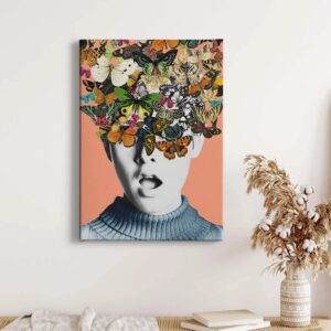 Bricoflor Retro Bild Mit Frau Und Blumenkopf Schmetterling Wandbild Im Retro Stil Ideal Für Wohnzimmer Und Jugendzimmer Modernes Leinwandbild Bunt