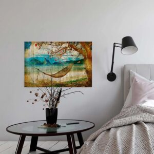Bricoflor Sandstrand Bild Auf Leinwand Mit Palmen Buntes Wandbild Mit Hängematte Und Insel Motiv Holz Leinwandbild Ideal Für Schlafzimmer Und Küche