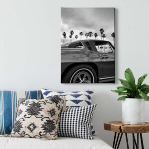 Bricoflor Schwarz Weiß Bild Auf Leinwand Wohnzimmer Und Schlafzimmer Bild Mit Oldtimer Und Palmen Hollywood Wandbild Im Hochformat