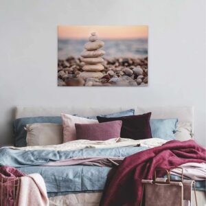 Bricoflor Sonnenuntergang Auf Leinwand Wellness Wandbild Für Badezimmer Und Schlafzimmer Spa Leinwandbild Mit Steinmännchen Am Strand Auf Canvas