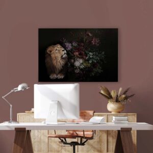 Bricoflor Stillleben Leinwand Mit Tiger Und Blumen Deko Wandbild Schwarz Lila Für Schlafzimmer Und Esszimmer Gemälde Leinwandbild