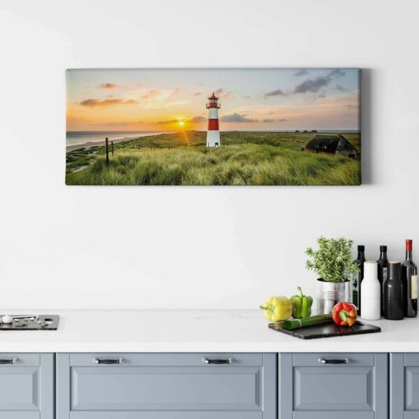 Bricoflor Sylt Bild Auf Leinwand Maritimes Bild Mit Leuchtturm Ideal Für Schlafzimmer Und Esszimmer Sonnenuntergang Wandbild Mit Dünen An Nordsee