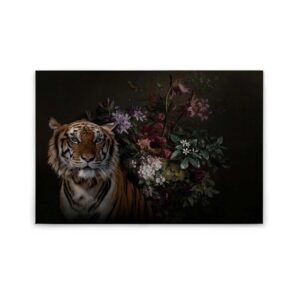 Bricoflor Tiger Wandbild Mit Blumen Stillleben Leinwand Bild In Schwarz Canvas Leinwandbild Im Ausgefallenen Stil Für Esszimmer Und Wohnzimmer
