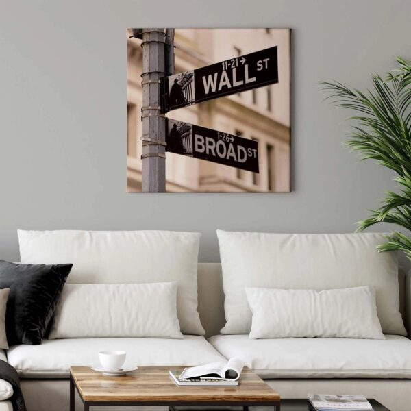 Bricoflor Wallstreet Bild Auf Leinwand Straßenschild Bild Mit New York Motiv In Schwarz Und Beige Wohnzimmer Und Büro Wandbild Im Urbanen Stil