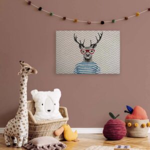 Bricoflor Wandbild Hirsch Mit Brille Auf Zickzack Muster Waldtiere Bilder Für Kinderzimmer Und Wohnzimmer Leinwandbild 90 X 60 Cm