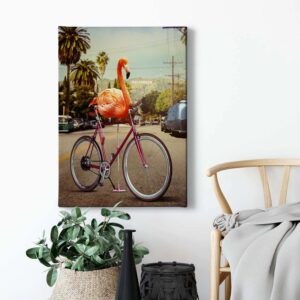 Bricoflor Wandbild Mit Fahrrad Und Flamingo Ausgefallenes Leinwand Bild Mit Vogel Ideal Für Wohnzimmer Und Schlafzimmer Hollywood Leinwandbild In Pink