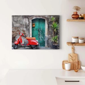 Bricoflor Wandbild Mit Italien Motiv Vintage Leinwand Bild Mit Rotem Roller Leinwand Bild Mit Alter Tür In Türkis Ideal Für Küche Und Flur