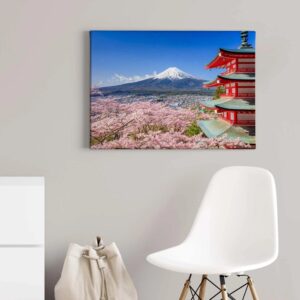Bricoflor Wandbild Mit Japan Motiv Leinwand Bild Japanische Kirschblüte Wohnzimmer Und Schlafzimmer Bild Mit Berglandschaft Und Tempel