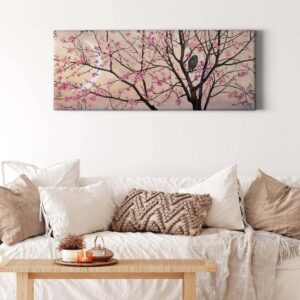 Bricoflor Wandbild Mit Kirschblüten Gemalt Panorama Leinwand Bild Mit Baum Mit Rosa Blüten Schlafzimmer Leinwandbild Mit Eule Und Kirschbaum