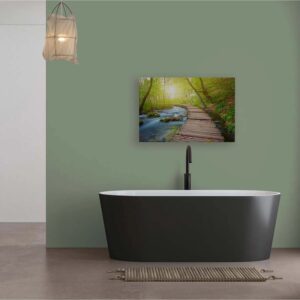 Bricoflor Wandbild Steg An Wasser Wohnzimmer Und Büro Bild Mit Wald Bach Blau Grün Leinwandbild In 90 X 60 Cm Natur Motiv