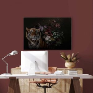 Bricoflor Wandbild Tiger Und Blumen Stillleben Leinwand In Schwarz Lila Für Esszimmer Und Schlafzimmer Gemälde Bild Ausgefallen