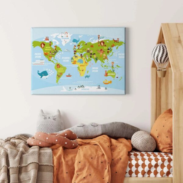 Bricoflor Weltkarte Auf Leinwand Für Kinderzimmer Modernes Wandbild Für Kinder Als Landkarte Buntes Leinwandbild Mit Tieren Auf Keilrahmen