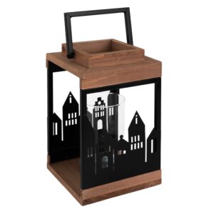 ECD Germany Holzlaterne 22cm Gartenlaterne mit Kerzenständer Henkel Stadt Muster