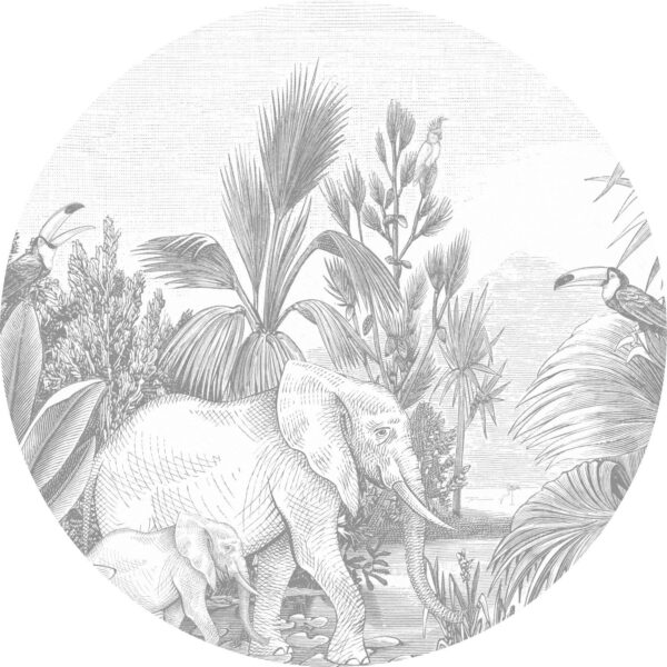 ESTAhome Selbstklebende Runde Tapete Dschungelmuster Grau Ø 70 cm 159075