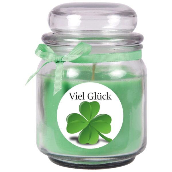 HS Candle Duftkerze & Bonbon Glas Viel Glück Kokos Grün