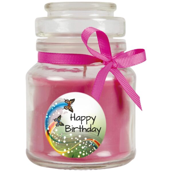 HS Candle Duftkerze & Glas Happy Birthday Bonbon Schmetterling Lavendel