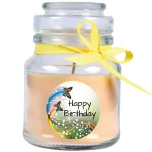 HS Candle Duftkerze & Glas Happy Birthday Bonbon Schmetterling Vanille