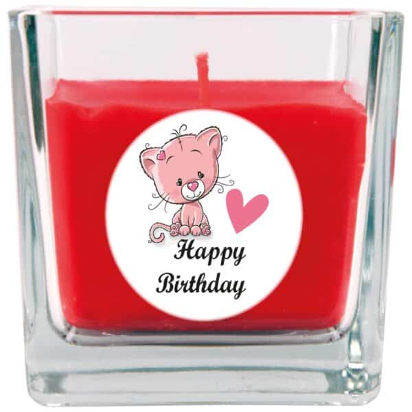 HS Candle Duftkerze & Glas Happy Birthday Viereck Rose Katze