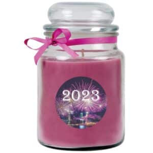 HS Candle Duftkerze & Glas Neujahr Lila Bonbon 110h