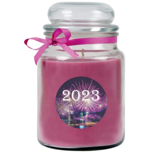 HS Candle Duftkerze & Glas Neujahr Lila Bonbon 110h