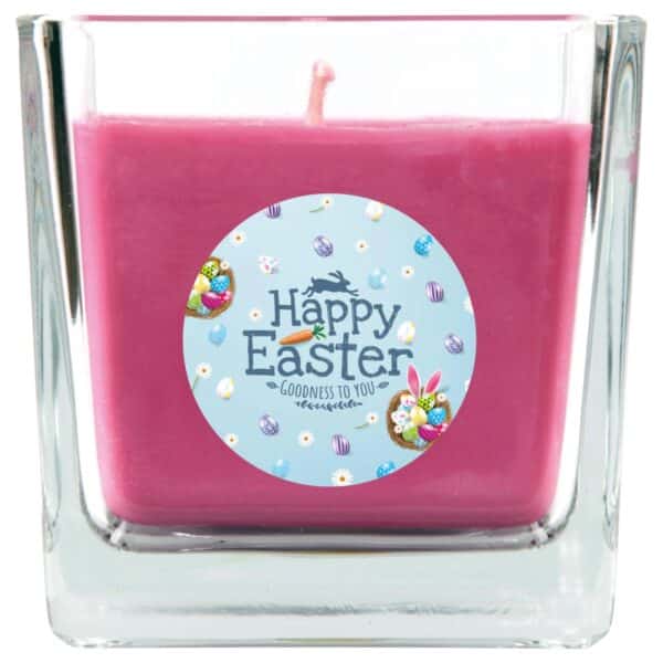HS Candle Duftkerze & Glas Ostern Lila Viereck 50h Happy Easter Hellblau