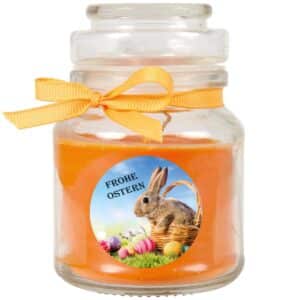 HS Candle Duftkerze & Glas Ostern Orange Bonbon 30h Hase & Korb