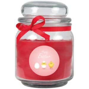 HS Candle Duftkerze & Glas Ostern Rot Bonbon 70h Küken