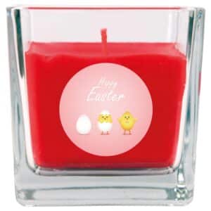HS Candle Duftkerze & Glas Ostern Rot Viereck 50h Küken