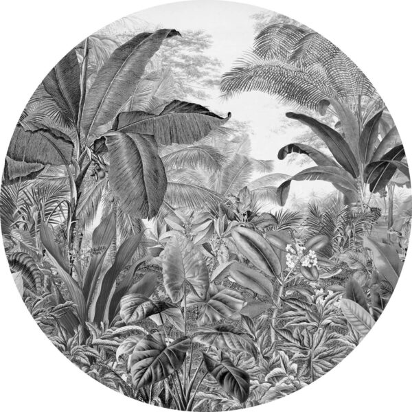 Komar Selbstklebende Runde Tapete Wild Woods Schwarz-Weiß Ø 125 cm 611162