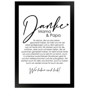 WANDStyle Gerahmtes Poster Danke Mama und Papa 20 x 30 cm Geschenkidee für Mehrere Personen