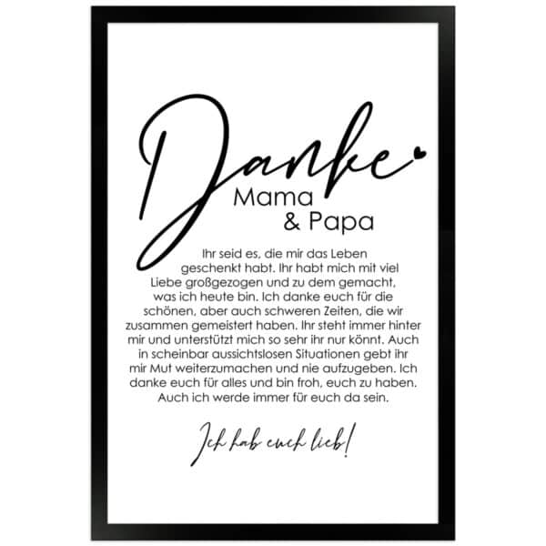 WANDStyle Gerahmtes Poster Danke Mama und Papa 30 x 45 cm Geschenkidee für Eine Person