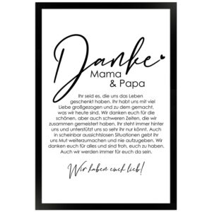 WANDStyle Gerahmtes Poster Danke Mama und Papa 30 x 45 cm Geschenkidee für Mehrere Personen
