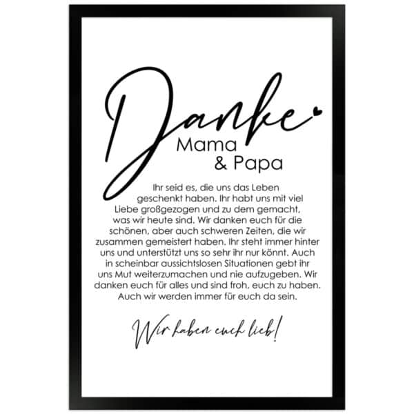 WANDStyle Gerahmtes Poster Danke Mama und Papa 30 x 45 cm Geschenkidee für Mehrere Personen