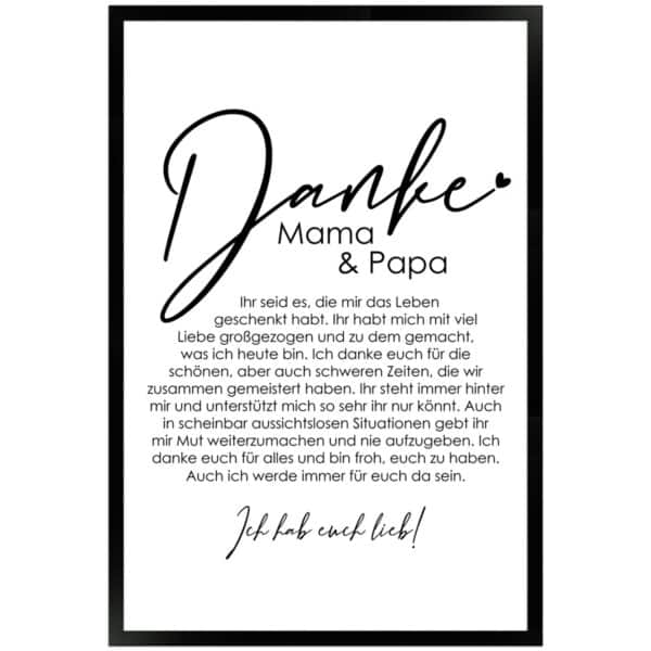 WANDStyle Gerahmtes Poster Danke Mama und Papa 40 x 60 cm Geschenkidee für Eine Person