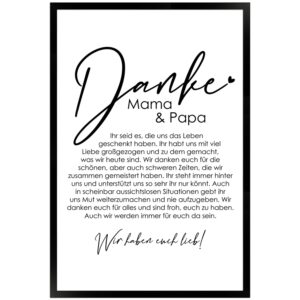 WANDStyle Gerahmtes Poster Danke Mama und Papa 40 x 60 cm Geschenkidee für Mehrere Personen