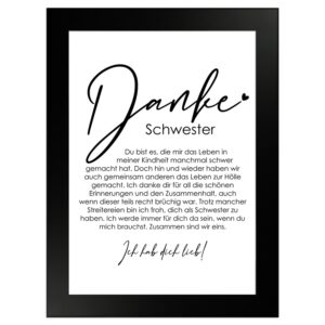 WANDStyle Gerahmtes Poster Danke Schwester 13 x 18 cm Geschenkidee für Eine Person